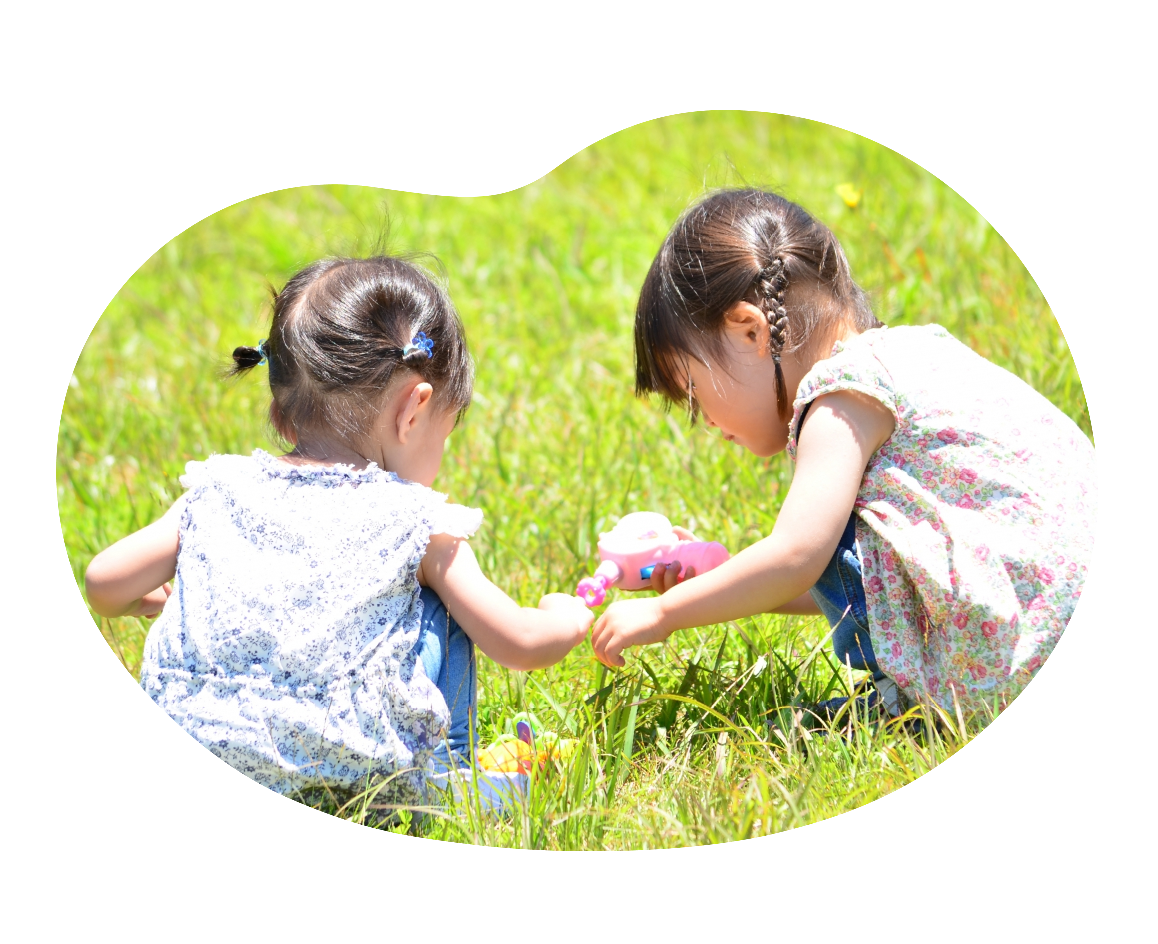 草原の中で遊ぶ子どもたちの写真